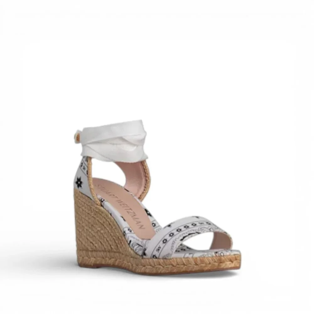 Stuart Weitzman Espadrille Wedge Sandals White Bandana Print Women 9.5 NIB